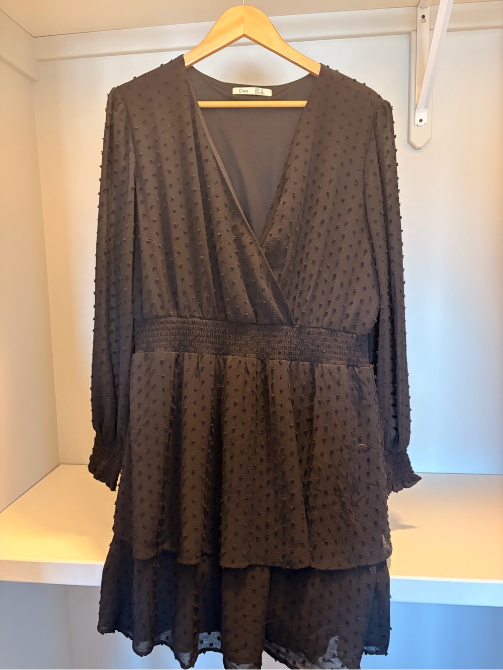 Dex Black Textured Long-Sleeve Wrap Dress